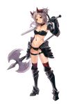  1girl axe collar fkey grey_hair highres horns navel original red_eyes solo sword thigh_strap thighhighs weapon 