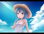  1girl alternate_costume bare_arms blue_eyes blue_hair blue_sky bust cirno clouds collarbone hat ice ice_wings k-sk_style lens_flare letterboxed looking_at_viewer popsicle sky sleeveless sleeveless_shirt solo straw_hat touhou wings 