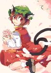  1girl animal_ears brown_hair cat_ears cat_tail chen cherry_blossoms ear_piercing flower hat iroyopon jewelry long_sleeves looking_at_viewer looking_back multiple_tails open_mouth petals piercing red_eyes shirt single_earring skirt skirt_set solo tail touhou turning vest wavy_mouth 