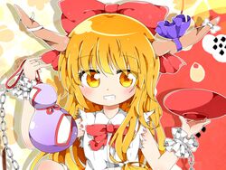  1girl blonde_hair blush chain gourd hair_ribbon horn_ribbon horns ibuki_suika kyapinetzu long_hair ribbon sakazuki solo torn_clothes torn_sleeves touhou wrist_cuffs yellow_eyes 