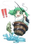  !! 1girl bucket fish fishing fishing_rod green_eyes green_hair hair_bobbles hair_ornament in_bucket in_container japanese_clothes kimono kisume open_mouth simple_background smile solo teko touhou twintails white_background yukata 