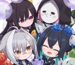  4girls bandaid bandaid_on_face bandaid_on_nose black_hair black_nails blush brown_eyes bubble closed_eyes colored_inner_hair goddess_of_victory:_nikke hair_between_eyes hair_intakes half_updo highres hood little_mermaid_(nikke) long_hair looking_at_another mask mihara_(bonding_chain)_(nikke) mori_(nikke) multicolored_hair multiple_girls short_hair sidelocks smile totatokeke violet_eyes yuni_(chimera)_(nikke) 