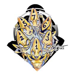  6+others colored_skin commentary english_commentary grin jojo_no_kimyou_na_bouken looking_at_viewer multiple_others no_humans numbered open_mouth other_focus painting_(medium) sex_pistols_(stand) si3art signature smile stand_(jojo) teeth traditional_media upper_body vento_aureo watercolor_(medium) white_background yellow_skin 