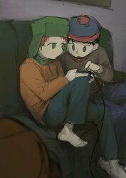  2boys black_hair blue_eyes couch green_eyes green_hat hat jacket kaixinchafang kenny_mccormick kyle_broflovski male_focus multiple_boys orange_jacket red_hair sitting south_park stan_marsh ushanka 
