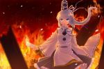  1girl blue_eyes burning detached_sleeves fire hat japanese_clothes kariginu mononobe_no_futo pom_pom_(clothes) ponytail remirya_koumakan short_hair silver_hair skirt solo tate_eboshi touhou wide_sleeves 