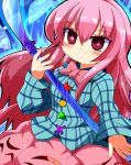  1girl checkered_shirt hata_no_kokoro highres long_hair motsu_(selshia12) naginata pink_eyes pink_hair polearm solo touhou weapon 