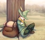 1boy backpack bag brown_hair hat hat_over_eyes highres monorus moomin scarf sleeping sleeping_upright snufkin solo tree under_tree 