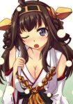  1girl ahoge blue_eyes braided_hair breasts brown_hair cleavage detached_sleeves hairband japanese_clothes kantai_collection kongou_(kantai_collection) personification solo umino_mokuzu wink 