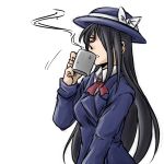  1girl anetai_toyone black_hair blazer bow cup drawfag hair_over_one_eye hat hat_bow long_hair mug red_eyes saki sipping solo very_long_hair 