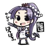  1girl chibi es_(eisis) eyebrows fan folding_fan gloves hand_on_hip hatsuharu_(kantai_collection) kantai_collection long_hair open_mouth personification ponytail purple_hair sailor_dress smile solo thick_eyebrows thigh-highs very_long_hair 