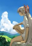  1girl blue_eyes bottomless bow clouds dress_shirt fujiwara_no_mokou hair_bow long_hair naked_shirt no_pants ponytail shiba_murashouji shirt silver_hair sitting sky solo sweat touhou very_long_hair 