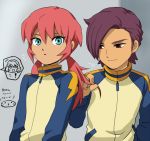  ! 2boys blue_eyes hair_grab inazuma_eleven_(series) inazuma_eleven_go kirino_ranmaru male minamisawa_atsushi mizuhara_aki multiple_boys pink_hair purple_hair raimon shindou_takuto track_jacket twintails 