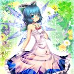  1girl adapted_costume bare_arms bare_shoulders blue_eyes blue_hair blush bow cirno collarbone dress flower gloves hair_bow hand_on_own_chest ice ice_wings looking_at_viewer solo strapless_dress touhou umigarasu_(kitsune1963) wavy_mouth white_dress white_gloves wings 