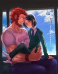  2boys beard black_hair facial_hair fate/zero fate_(series) ffw2009 green_eyes highres multiple_boys red_eyes redhead rider_(fate/zero) translation_request waver_velvet 