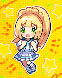  1girl :d anidler91 blonde_hair chibi chibi_only eyelashes full_body green_eyes highres lillie_(pokemon) looking_at_viewer open_mouth pleated_skirt pokemon pokemon_sm shirt shoes short_sleeves skirt smile socks solo star_(symbol) white_shirt white_shoes white_skirt white_socks yellow_background 