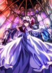  1girl book brown_eyes crescent dress hair_ribbon hat highres kuroka_rinto long_hair open_mouth patchouli_knowledge purple_hair ribbon solo stained_glass touhou 