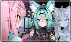  +_+ 3girls :d ? ?? ahoge animal_ear_fluff animal_ears apron aqua_eyes aqua_hair aqua_nails aqua_necktie bell black_ribbon black_sailor_collar black_serafuku black_shirt blue_eyes blue_hair blue_necktie blush border breasts brown_hair card cat_ears cat_girl closed_mouth collarbone collared_shirt confused diamond-shaped_pupils diamond_(shape) eye_contact eyo_(vrchat) fingernails flower fox_ears fox_girl green_eyes grin hair_bell hair_between_eyes hair_flower hair_intakes hair_ornament hair_ribbon hairclip hands_up holding holding_card jingle_bell lamandavrc long_hair long_sleeves looking_at_another manuka_(vrchat) medium_breasts multiple_girls nail_polish neckerchief necktie open_mouth outline pink_eyes pink_hair playing_card playing_games pointing puffy_sleeves red_eyes red_neckerchief ribbon rindo_(vrchat) sailor_collar school_uniform serafuku shirt sidelocks sleeveless smile sweat sweatdrop symbol-shaped_pupils twintails upper_body vrchat wavy_mouth white_border white_flower white_outline white_shirt x_hair_ornament 