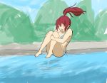  1girl bikini closed_eyes drawfag free! happy highres jumping long_hair matsuoka_gou ponytail pool redhead solo swimsuit 