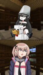  absurdres bare_shoulders black_dress black_hair black_jacket black_necktie block_(minecraft) blue_eyes boots bucket bucket_on_head catahuct chicken_(minecraft) chicken_jockey_(meme) crossover dandelion_(girls'_frontline) dress girls_frontline hair_ornament highres jacket long_hair meme minecraft necktie object_on_head open_clothes open_jacket pink_hair ponytail scarf side_ponytail sitting_on_animal st_ar-15_(girls'_frontline) thick_thighs thighs white_dress yellow_eyes 