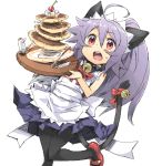  1girl ahoge angelo_(gomahangetsu) animal_ears bell cat_ears cat_tail cherry food fork fruit knife long_hair maid maid_headdress open_mouth original pancake pantyhose ponytail purple_hair red_eyes simple_background sleeveless solo tail tail_bell white_background 