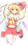  1girl ascot blonde_hair blush flandre_scarlet hat hat_ribbon highres looking_at_viewer midriff navel no_shoes open_mouth pen-zin puffy_sleeves red_eyes ribbon shirt short_sleeves side_ponytail skirt skirt_set smile solo thigh-highs touhou vest white_legwear wings zettai_ryouiki 