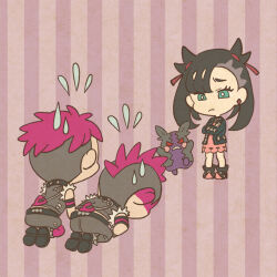 1boy 2girls arms_up asymmetrical_bangs belt black_belt black_hair black_jacket black_shoes bowing bright_pupils chibi closed_mouth commentary_request crossed_arms dot_nose dress earrings eyelashes flying_sweatdrops from_behind full_body green_eyes grey_hair grey_pants grey_skirt hair_ribbon jacket jewelry marnie_(pokemon) mojacookie morpeko morpeko_(hangry) multicolored_hair multiple_girls official_art open_clothes open_jacket pants pantyhose pink_dress pink_hair pink_pantyhose pokemon pokemon_(anime) pokemon_(creature) pokemon_journeys red_eyes red_ribbon ribbon safety_pin second-party_source shoes short_hair skirt standing standing_on_one_leg striped_background sweatdrop team_yell team_yell_grunt teeth torn_clothes torn_sleeves twintails two-tone_hair undercut v-shaped_eyes very_short_hair white_pupils 