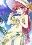 1girl bikini blush brown_hair harimoji hat highres long_hair navel original popsicle redhead sarong sky solo swimsuit 