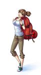  backpack backpacker_(pokemon) bag breasts brown_hair green_eyes head_tilt highres monorus pants_rolled_up poke_ball pokemon pokemon_(game) pokemon_bw ponytail shoes sneakers t-shirt wristband 