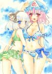  2girls alternate_costume ass bikini blue_eyes bow breasts cherry_blossoms cleavage collarbone floral_print flower gradient gradient_background hair_ribbon hand_on_own_head konpaku_youmu light_frown looking_at_viewer looking_over_shoulder marker_(medium) mob_cap open_mouth pink_eyes pink_hair rano ribbon saigyouji_yuyuko short_hair striped striped_bikini striped_swimsuit swimsuit touhou traditional_media triangular_headpiece watercolor_(medium) white_hair 