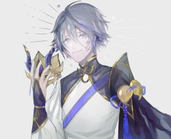  1boy chinese_clothes closed_mouth commentary_request fate/grand_order fate_(series) gigigimimi gloves grey_background grey_hair hair_between_eyes holding holding_mask horned_mask jewelry long_sleeves looking_at_viewer male_focus mask prince_of_lan_ling_(fate) short_hair simple_background smile solo tassel three_quarter_view upper_body violet_eyes 