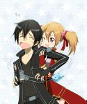  1boy 1girl black_hair brown_hair closed_eyes dragon fingerless_gloves gloves highres kinfuji kirito male pina_(sao) red_eyes short_hair short_twintails silica sword_art_online tickling twintails wink 