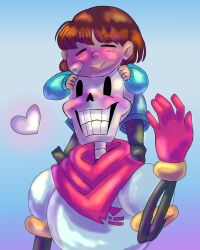  1boy 1other 2016 2d ambiguous_gender blue_background blue_clothes brown_hair child closed_mouth digital_media duo frisk_(undertale) gloves gradient_background hair hand_up heart hearttheglaceon highres human humanoid male monster monster_boy no_shoes papyrus_(undertale) red_gloves short_hair simple_background size_difference skeleton teeth two-tone_background undead undertale upper_body utdr_(toby_fox) 