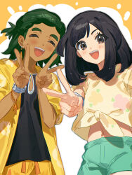  1boy 1girl absurdres aged_up black_hair black_shirt closed_eyes double_v excited floral_print fua1heyvot4ifsr grey_eyes grey_hair hau_(pokemon) highres jacket navel no_headwear orange_jacket pokemon pokemon_sm selene_(pokemon) shirt short_shorts short_sleeves shorts smile t-shirt v yellow_shirt z-ring 