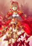  1girl ahoge blonde_hair butterfly dress epaulettes fate/extra fate_(series) green_eyes highres red_dress saber_extra shella11 solo 