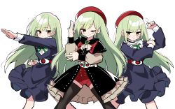 3girls absurdres ascot bang_dream! bang_dream!_it's_mygo!!!!! belt beret black_capelet black_choker black_pantyhose blue_dress blush capelet chinese_commentary choker closed_mouth commentary_request dress frilled_choker frills green_brooch green_hair hair_ornament hairclip hat henshin_pose highres kamen_rider kamen_rider_(1st_series) kamen_rider_v3_(series) long_hair long_sleeves mortis_(bang_dream!) mortis_(costume)_(bang_dream!) mortis_(persona)_(bang_dream!) multiple_girls multiple_persona pantyhose pantyhose_under_shorts parody pouch puff_of_air red_belt red_hat red_shorts rider_belt shirt shorts simple_background typhoon_(kamen_rider) wakaba_mutsumi white_ascot white_background white_shirt yellow_eyes zhanzhangzlw