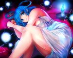  1girl bare_shoulders blue_eyes blue_hair blue_panties breasts hair_in_mouth hair_ornament hair_rings hair_stick highres kaku_seiga kirino_botan looking_at_viewer lying on_side panties parted_lips short_hair solo touhou underwear 