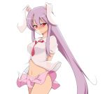  1girl animal_ears arms_behind_back blush dress_shirt hachi_(chihagura) long_hair navel necktie no_panties purple_hair rabbit_ears red_eyes reisen_udongein_inaba see-through see-through_silhouette shirt short_sleeves simple_background skirt smile solo touhou very_long_hair white_background 