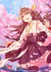  1girl blue_sky brown_eyes brown_hair brown_legwear cherry_blossoms hair_ornament hairband highres japanese_clothes kantai_collection kimono kongou_(kantai_collection) long_hair long_sleeves open_mouth personification petals re_lucy sash sky smile solo thigh-highs torii tree very_long_hair water wide_sleeves yukata 