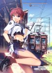  2girls 3boys belt blue_eyes cuffs legs midriff multiple_boys multiple_girls navel police police_uniform policewoman ponytail rail_wars! redhead sakurai_aoi shoes skirt solo_focus train train_station uniform vania600 