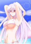  1girl armpits azumaya_hironaru bikini blush breasts clouds large_breasts lens_flare long_hair lyrical_nanoha mahou_shoujo_lyrical_nanoha_innocent navel red_eyes reinforce side-tie_bikini silver_hair sky solo swimsuit underboob 