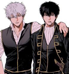  2boys ascot black_hair black_jacket black_vest collared_jacket commentary commentary_request gintama grey_hair hand_on_another's_shoulder hijikata_toushirou jacket katana multiple_boys nnhhhhh22 popped_collar sakata_gintoki shinsengumi_(gintama) shirt sleeves_rolled_up sword unlit_cigarette_in_mouth vest weapon white_ascot white_shirt 