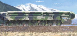  1girl backpack bag ballistic_missile black_hair black_pants camouflage clothes_around_waist guard_rail highres hiking jacket jacket_around_waist military_vehicle motor_vehicle mountainous_horizon original paid_reward_available pants people's_liberation_army people's_liberation_army_navy_air_force red_star road shouhui_lang_qun signature solo star_(symbol) transporter_erector_launcher_(tel) truck vehicle_focus walking 