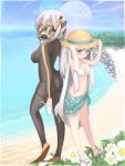  2girls bikini diving_mask goggles hat long_hair multiple_girls nightmare_cat original snorkel swimsuit wetsuit white_hair 