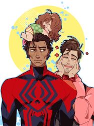  1girl 2boys animal_print animification barefoot black_bodysuit bodysuit brown_eyes brown_hair child closed_eyes closed_mouth covered_collarbone dark-skinned_male dark_skin facial_hair father_and_daughter fingernails green_shirt half-closed_eyes hands_on_own_face hands_up highres long_hair long_sleeves looking_at_another marvel mayday_parker miguel_o&#039;hara multiple_boys muscular muscular_male open_clothes open_mouth open_robe peter_b_parker pink_robe polka_dot polka_dot_shirt red_bodysuit robe shirt short_hair short_sleeves shorts sleeping smile spider-man:_across_the_spider-verse spider-man_(2099) spider-man_(series) spider-verse spider_print striped_clothes striped_shorts superhero_costume sweetp247 t-shirt two-tone_bodysuit upper_body white_shorts 