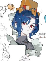  1boy apron bespectacled black_dress blue_hair bow camera001 collared_dress crossdressing dress glasses gundam gundam_gquuuuuux hair_bow hair_bun highres looking_at_viewer maid maid_apron male_focus male_maid non-humanoid_robot otoko_no_ko parted_lips red_eyes rimless_eyewear robot short_hair shuji_ito simple_background solo upper_body white_apron white_background white_bow 