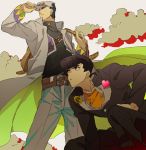  2boys abaraya black_hair gakuran hat higashikata_jousuke jojo_no_kimyou_na_bouken kuujou_joutarou long_coat multiple_boys pompadour school_uniform violet_eyes 