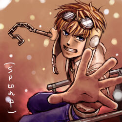  1boy blacksmith_(ragnarok_online) blonde_hair blue_eyes brown_background chain chain_weapon clenched_teeth commentary_request cowboy_shot goggles goggles_on_head holding holding_chain looking_at_viewer male_focus muiro pants purple_pants ragnarok_online reaching reaching_towards_viewer shirt short_hair short_sleeves solo teeth translation_request v-shaped_eyebrows white_shirt 