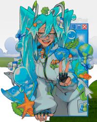  1girl absurdres aqua_hair black_gloves bliss_(image) bodysuit commentary fingerless_gloves frutiger_aero glasses gloves hatsune_miku highres icon_(computing) long_hair looking_at_viewer microsoft_windows musical_note open_mouth sainttufa twintails v vocaloid window_(computing) windows_xp 