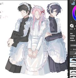  3boys alternate_costume apron art_program_in_frame black_dress black_eyes black_hair bow brown_eyes chinese_commentary chinese_text closed_mouth collared_dress commentary_request crossdressing crossed_arms dress enmaided exe-dream hair_bow hair_ribbon harada_minoru hatsutori_hajime holding holding_menu holding_plate long_sleeves magma_(medium) magma_(software) maid maid_headdress male_focus male_maid menu multiple_boys otoko_no_ko plate red_ribbon ribbon saibou_shinkyoku short_hair simple_background smile translation_request utsugi_noriyuki white_apron white_background white_bow white_dress 