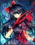  1girl black_hair blood blue_eyes bow claws dress hair_bow hair_ornament looking_at_viewer monster_girl smile solo stitches sutiko tentacles they_bleed_pixels 